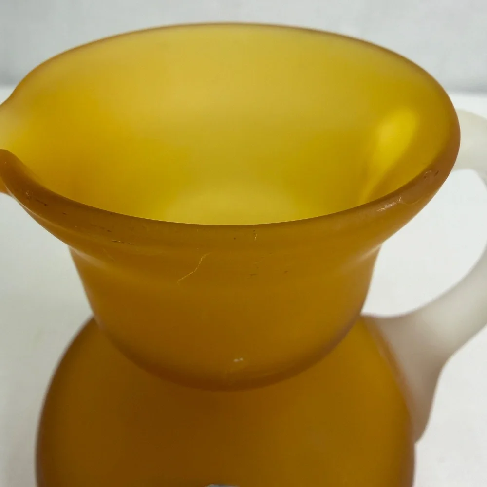 Vintage Hand Blown Pilgrim Satin Frosted Art Glass Amber Handle Mini Pitcher